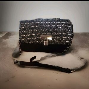 Steve Madden Tulsa Chain Crossbody Bag Handbag Purse Black Tweed-EUC